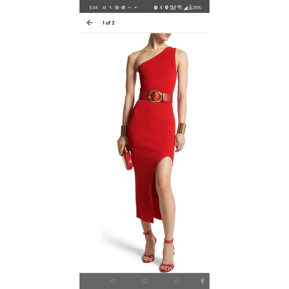 Michael Kors (L Red, sleeveless, Fitted, One-shoulder, ribbed midi sweater dress
